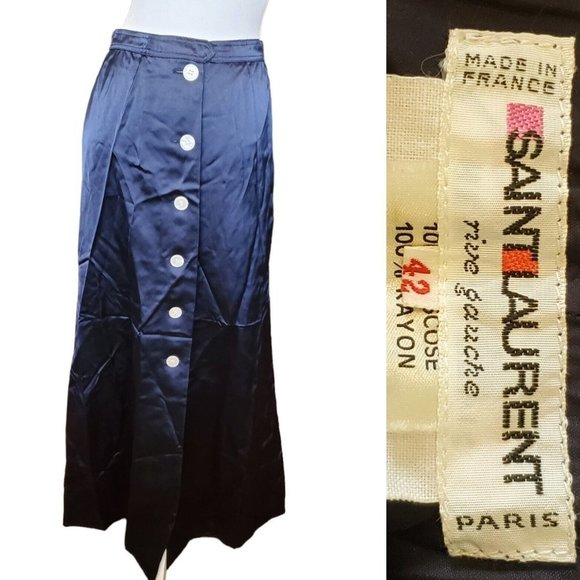 60s Yves Saint Laurent Rive Gauche‎ Navy Satin Button Down Maxi Skirt Small 4 6 - Picture 1 of 12